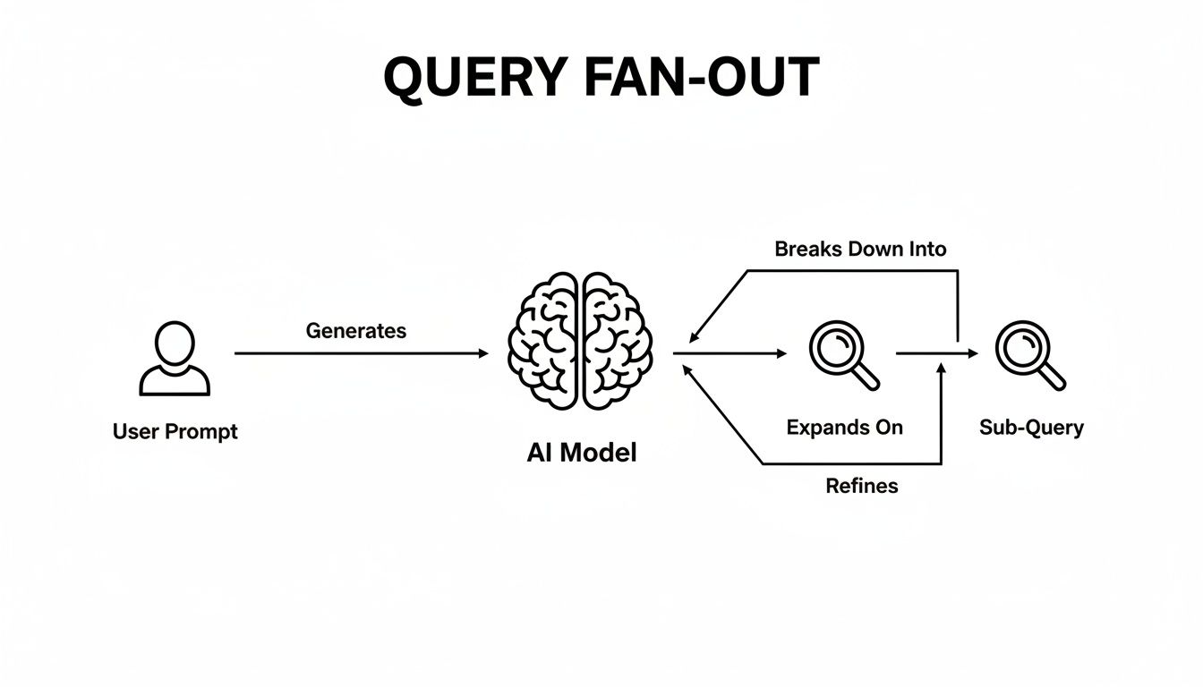 Diagram illustrating the query fan-out process, showing user prompt, AI model, and sub-query generation and refinement.