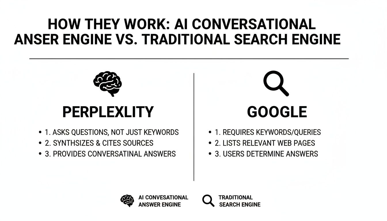 A diagram comparing AI conversational answer engine Perplexity with traditional search engine Google.