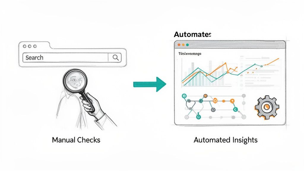 Illustration showing a shift from manual search checks to automated data insights on a dashboard.