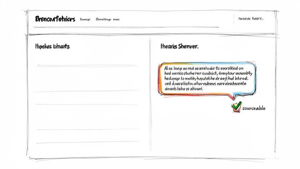 Sketch of a webpage design with placeholder text, titles, and a 'sourceable' indicator.
