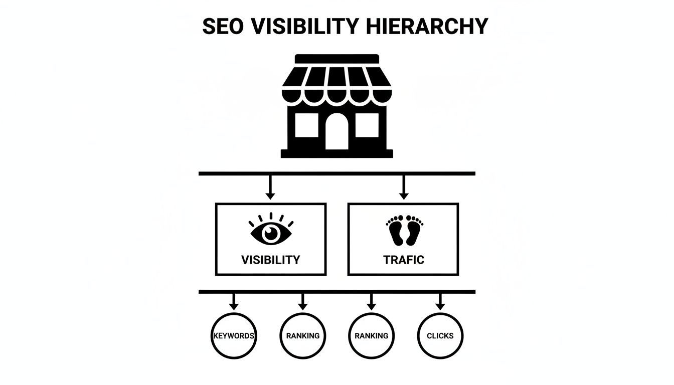 SEO visibility hierarchy diagram showing a store icon leading to visibility, traffic, keywords, ranking, and clicks.