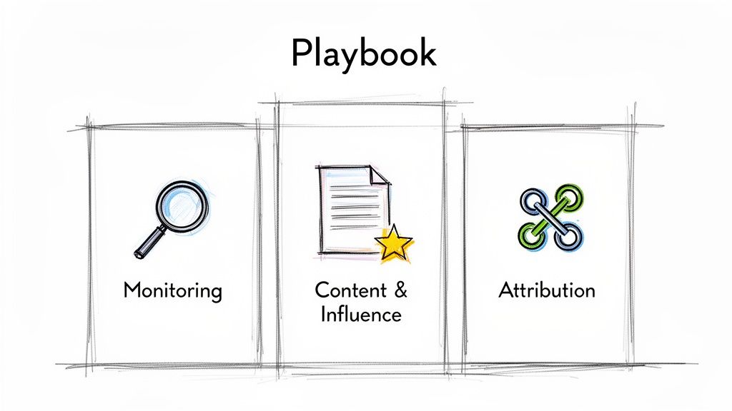 A playbook diagram titled 'Playbook' with three sections: Monitoring, Content & Influence, and Attribution.
