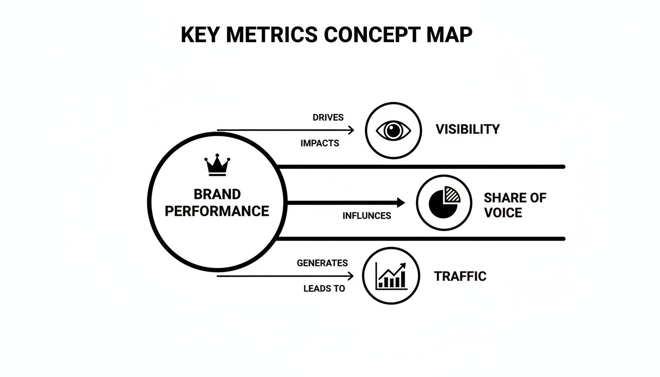 Concept map illustrating key metrics: Brand Performance drives Visibility, influences Share of Voice, and generates Traffic.