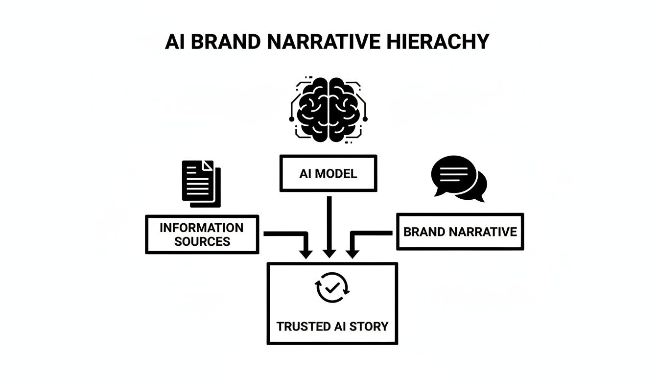 Diagram illustrating how AI models, information sources, and brand narrative combine to create a trusted AI story.