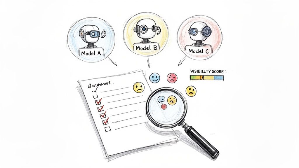 Robot models A, B, C undergo evaluation, represented by a checklist, visibility score, and emotional feedback.