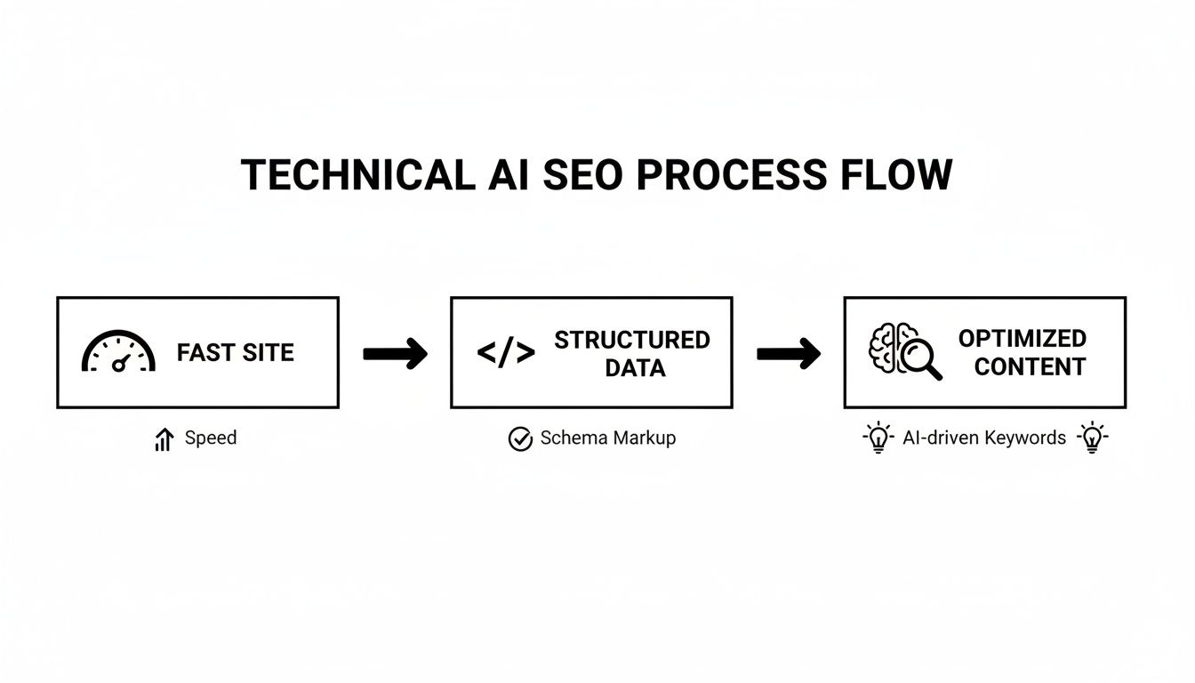 A flowchart illustrates the technical AI SEO process: fast site speed, structured data with schema, and AI-driven optimized content.
