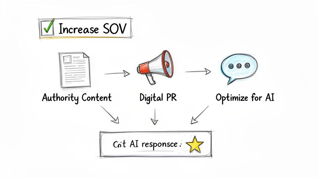 Diagram showing how Authority Content, Digital PR, and AI Optimization lead to increased SOV and better AI responses.