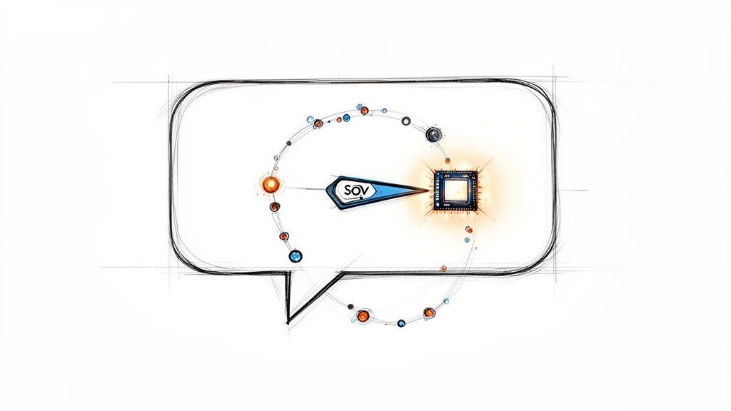 Conceptual sketch of a speech bubble showing SOV diagram with a processor and circulating data points.
