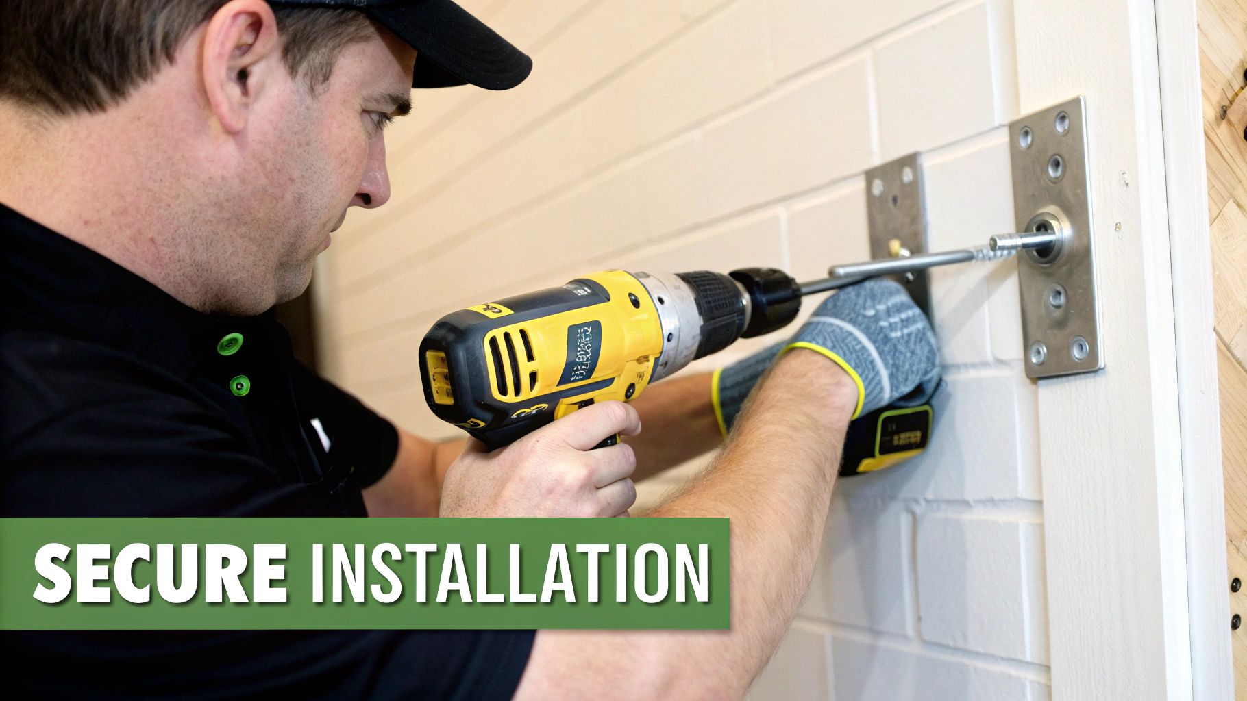 Man securely installing a metal bath safety grab bar bracket on a wall with a power drill.