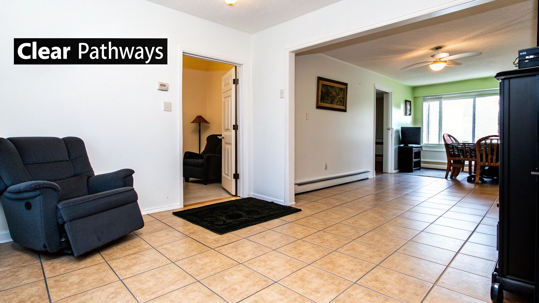 An accessible home interior featuring a wide tiled floor, open doorways, and a recliner, demonstrating clear pathways.