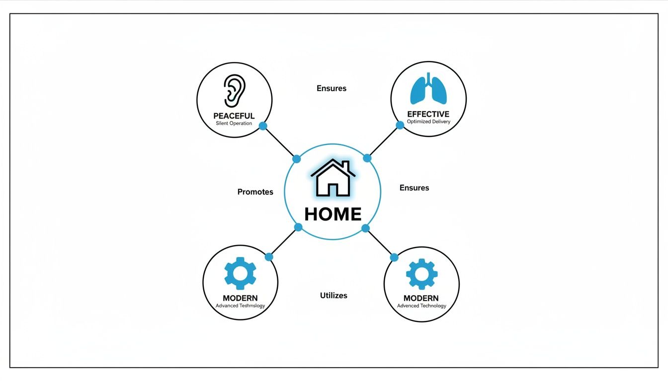 A diagram illustrating the key benefits of a home system, including peaceful, effective, and modern technology.