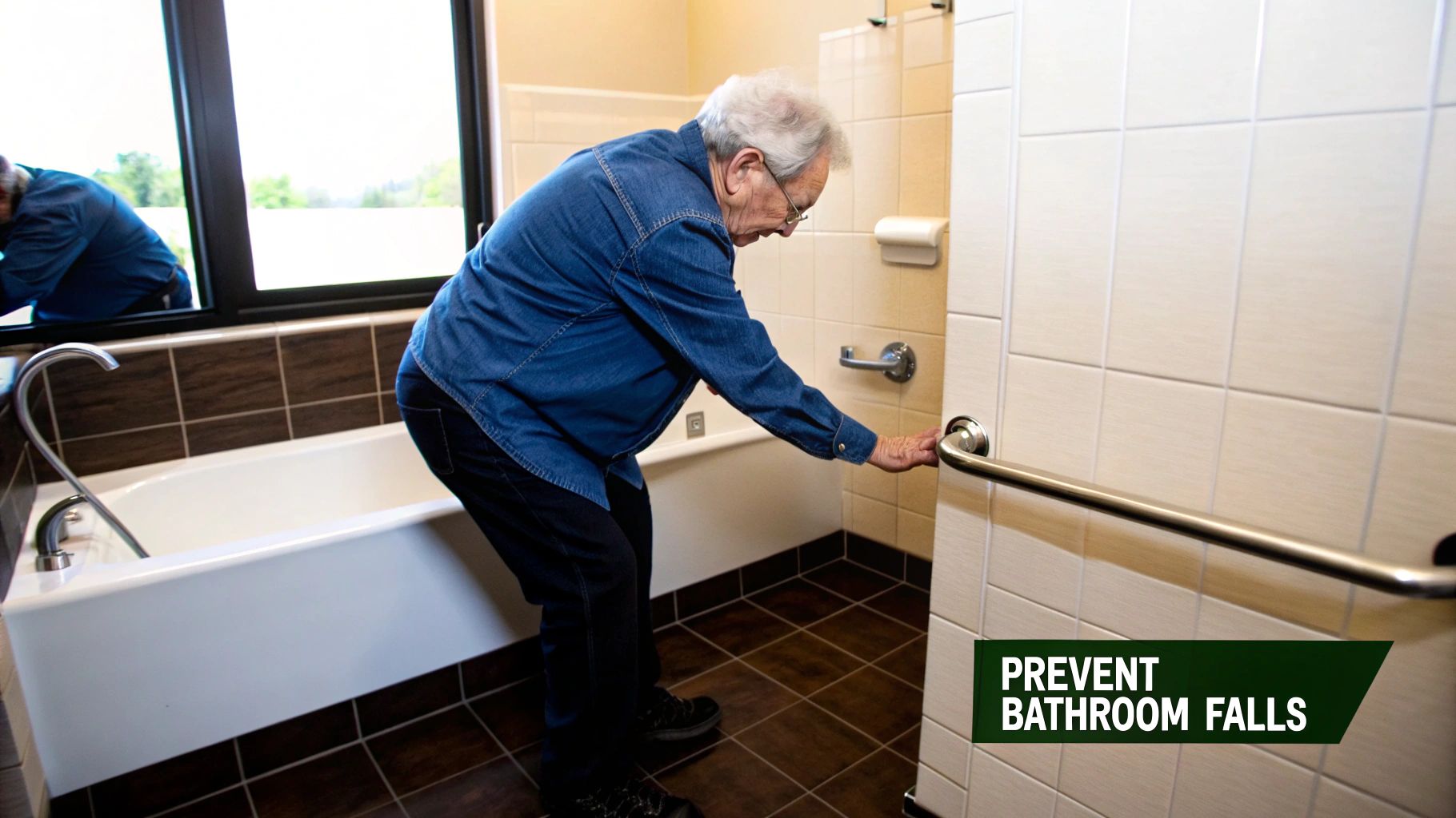 Elderly man uses a grab bar next to a bathtub in a tiled bathroom, emphasizing fall prevention.