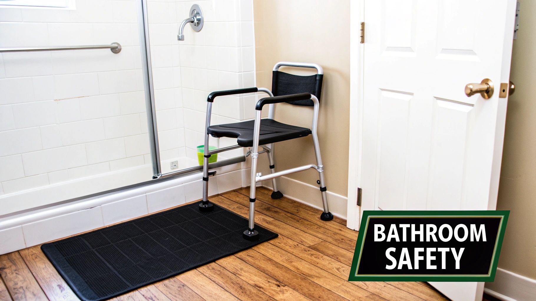 A bathroom equipped with a shower chair, grab bar, and non-slip mat for elderly safety.