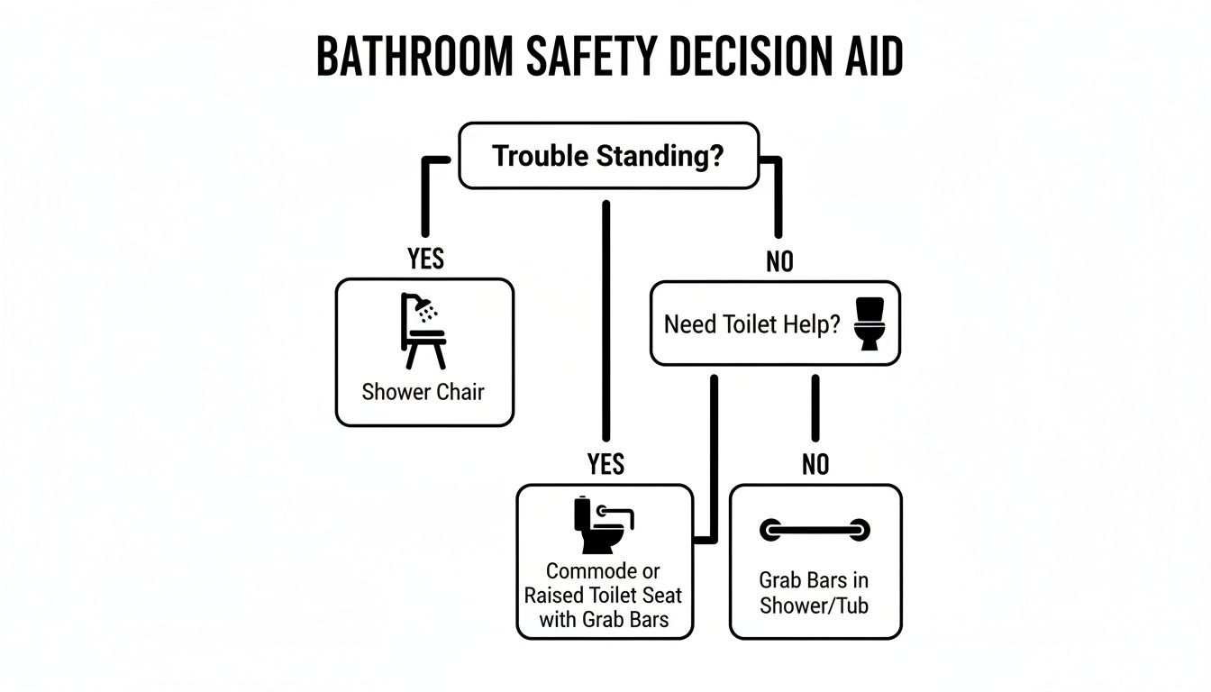 Flowchart showing bathroom safety recommendations: shower chair, commode, raised toilet seat, grab bars.