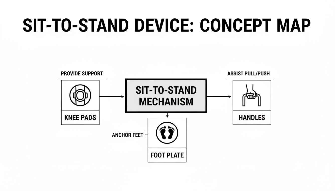 Concept map illustrating the sit-to-stand device mechanism with knee pads, handles, and a foot plate.