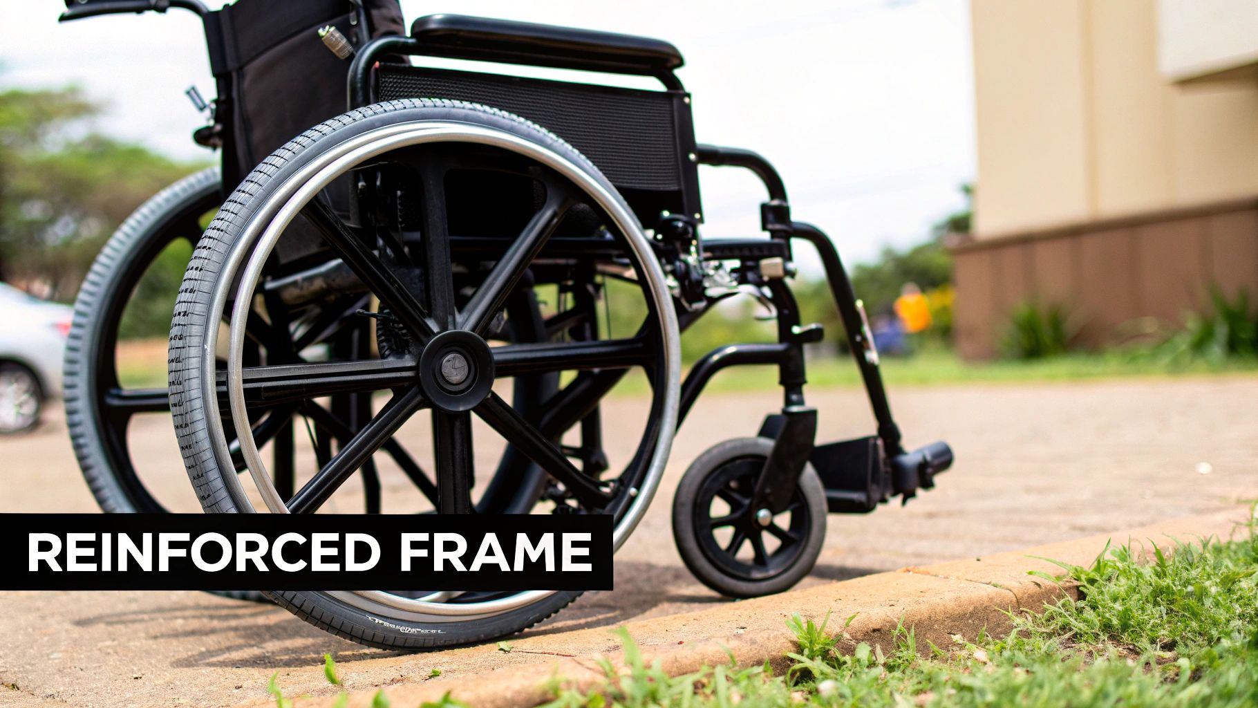 A black wheelchair with a reinforced frame is parked outdoors on a paved surface.