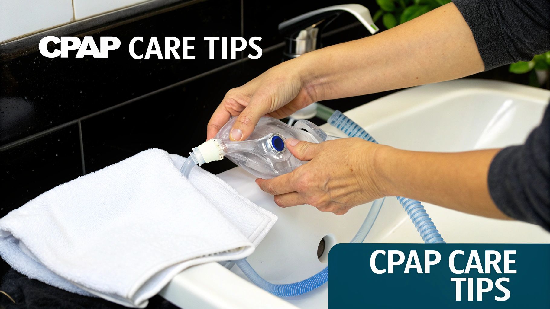 A person's hands are cleaning a clear CPAP mask and tubing in a white bathroom sink, with a white towel nearby.