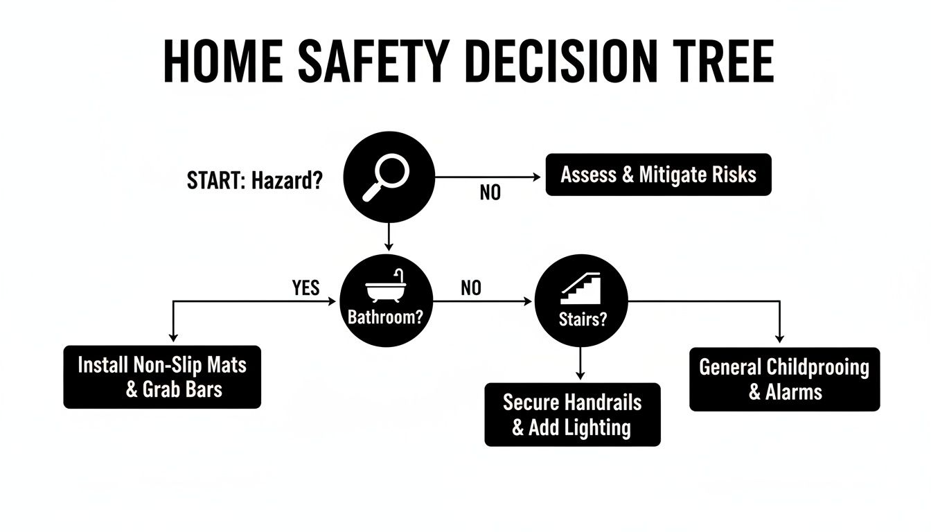 Home safety decision tree flowchart guides users through identifying hazards and implementing solutions for different areas.