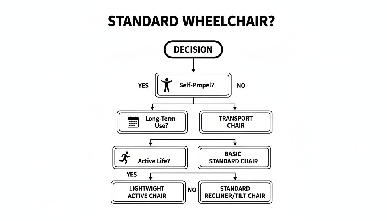 A flowchart guides users through decision-making for choosing the right type of wheelchair based on their specific needs.