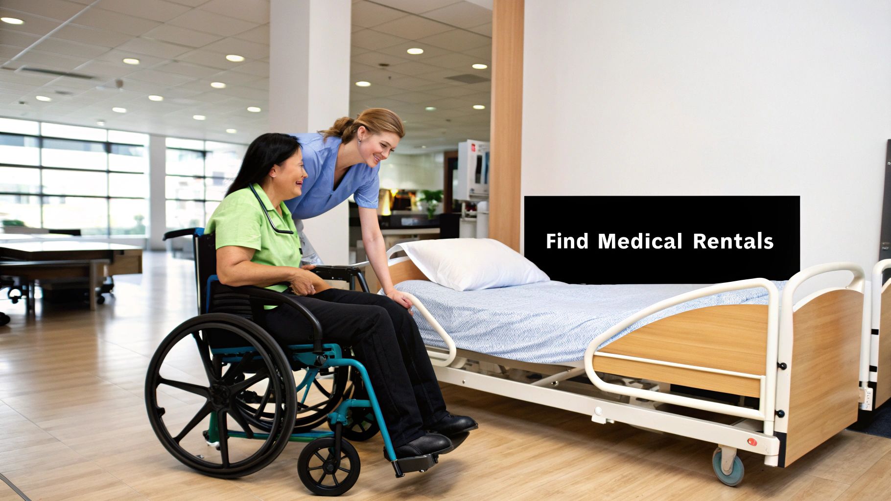 A nurse helps a patient in a wheelchair next to a hospital bed, promoting medical rentals.