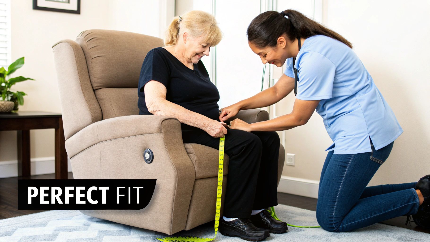 A caregiver measures an elderly woman's leg with a tape measure while she sits in a lift chair, smiling.