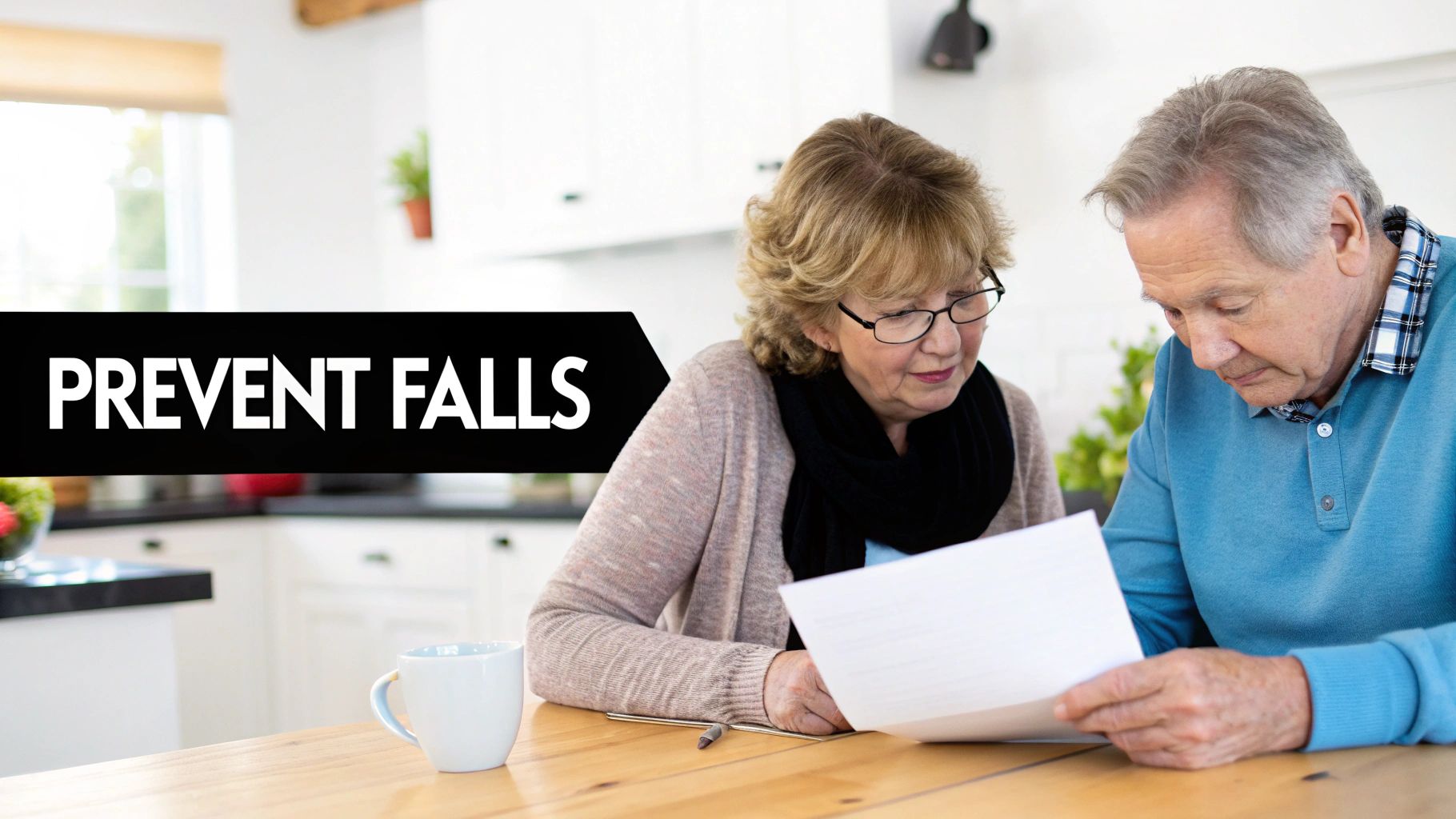 Elderly couple reviewing documents at a kitchen table, with a prominent 'PREVENT FALLS' banner.