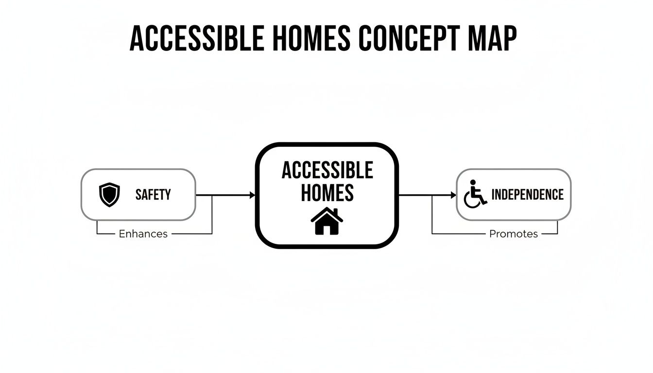 A concept map illustrating how accessible homes enhance safety and promote independence.