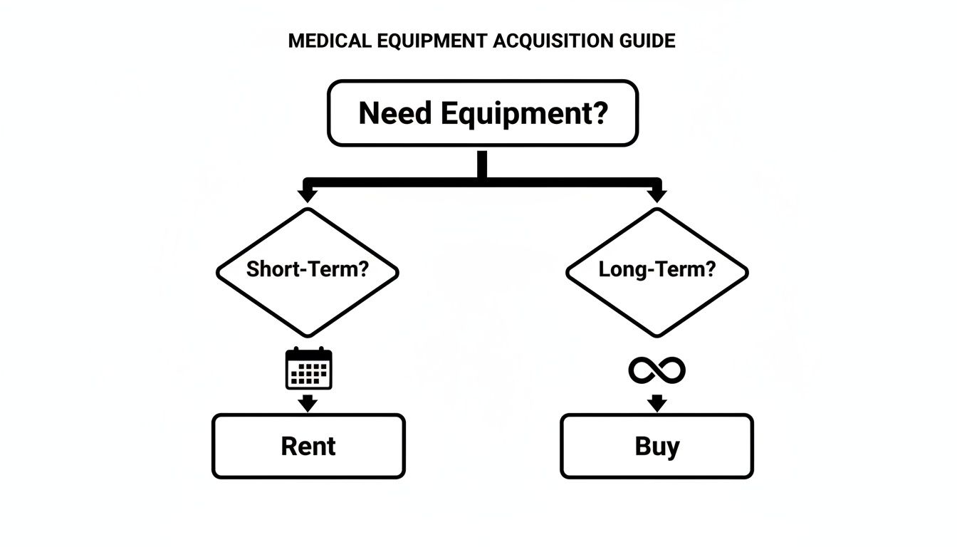 Flowchart guide for medical equipment acquisition, advising to rent for short-term and buy for long-term needs.