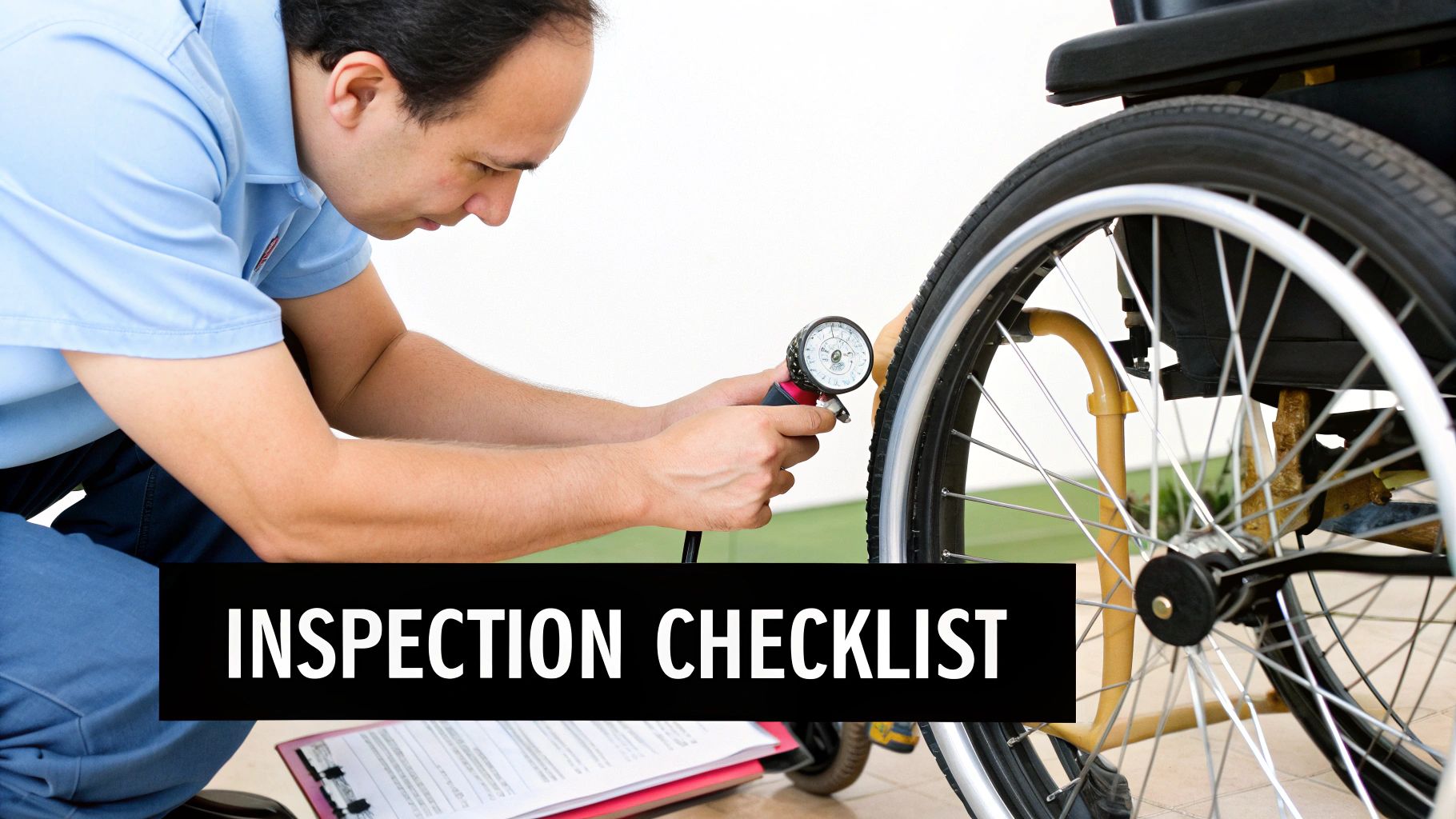 A man in a blue shirt inspects a wheelchair tire with a pressure gauge.