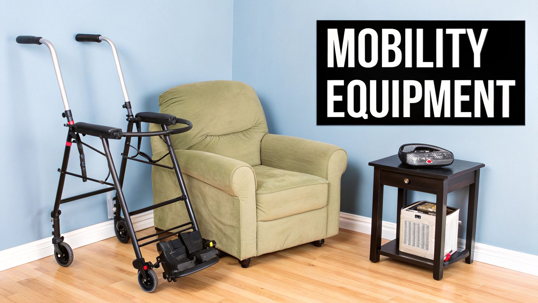 A room with a rollator walker, green armchair, side table, and a 'MOBILITY EQUIPMENT' sign.