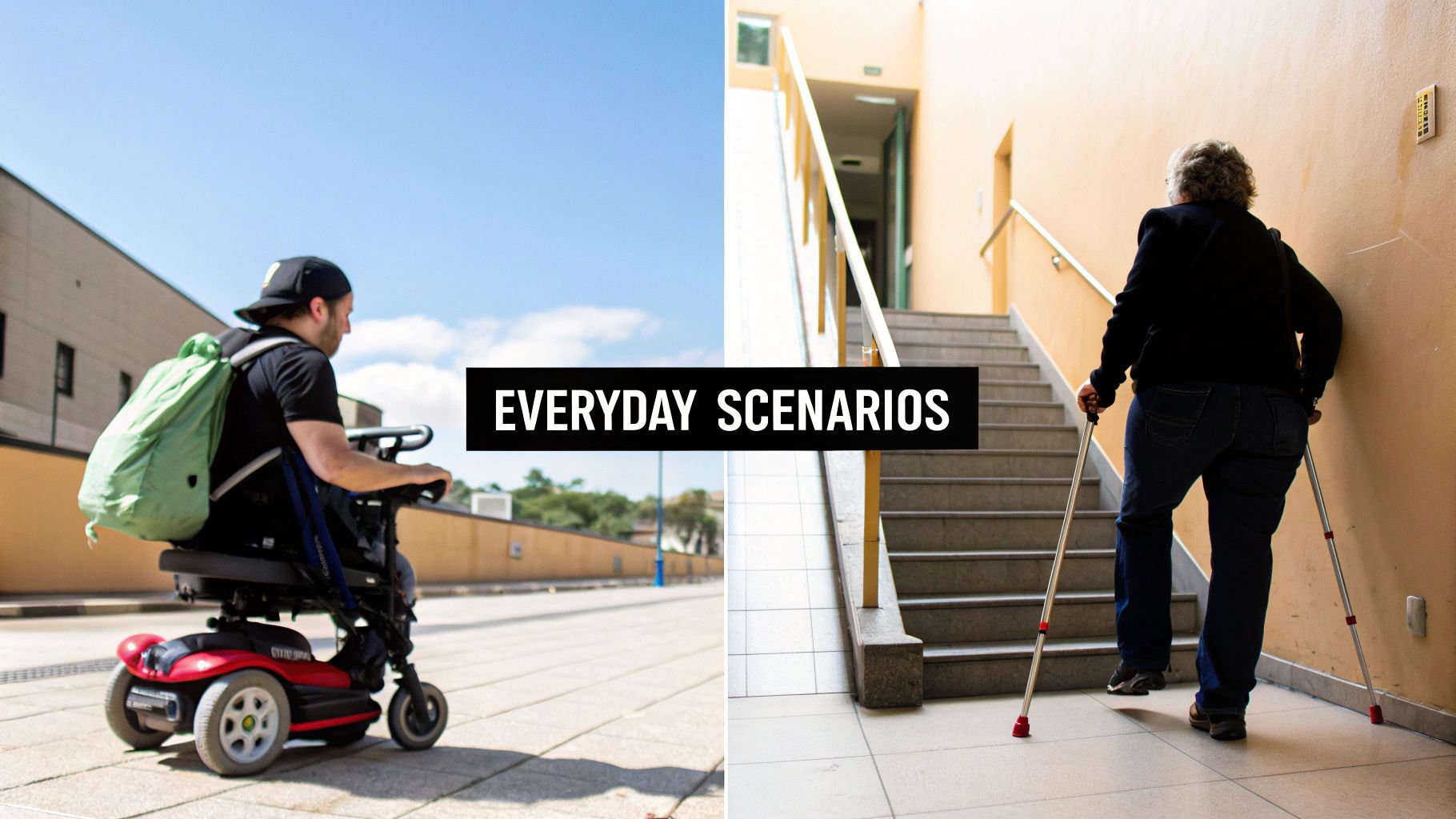 Two everyday scenarios: a person on a mobility scooter outdoors and a person using crutches indoors by stairs.