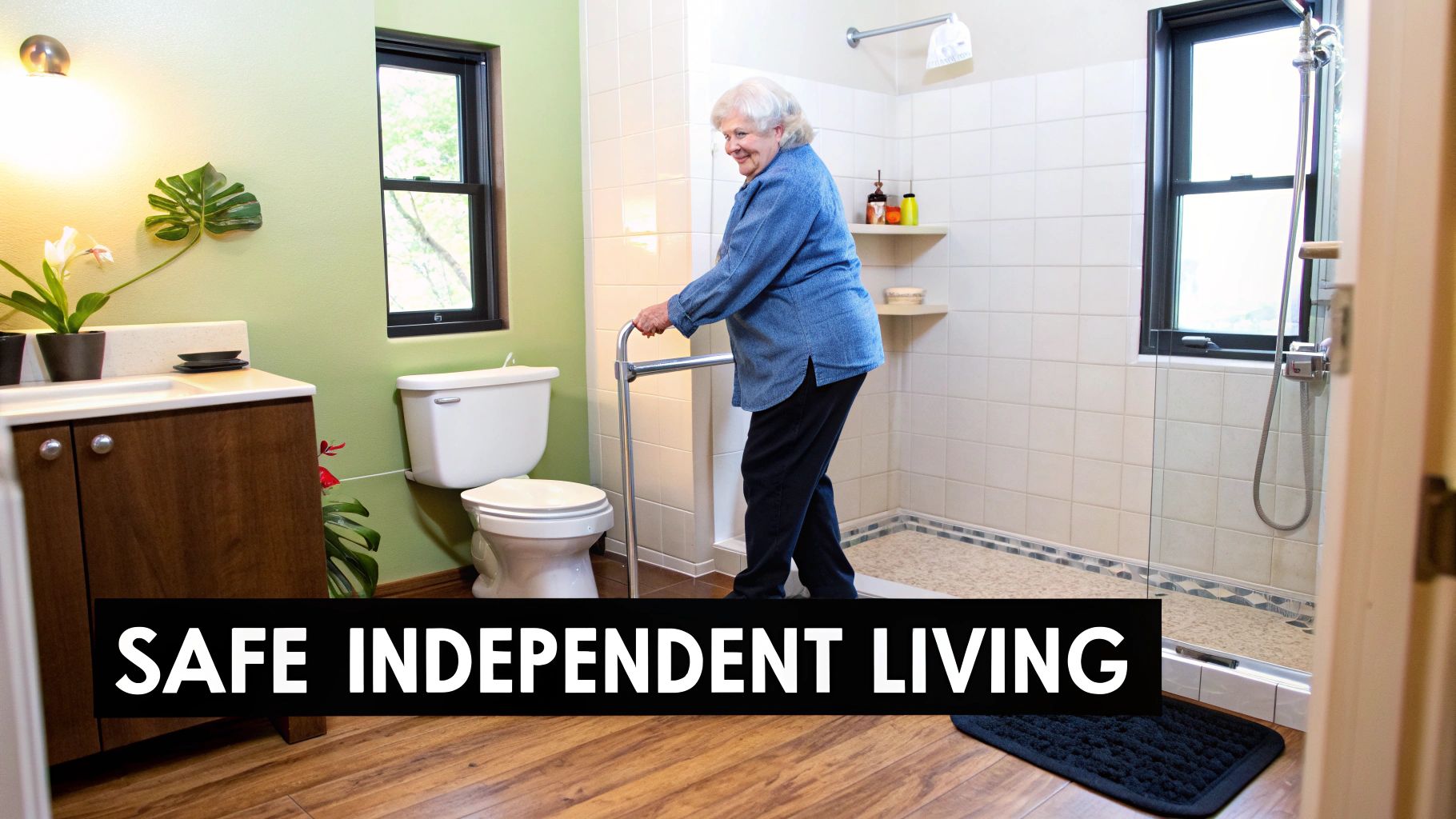 Elderly woman uses a walker in a modern, accessible bathroom, promoting independent living.