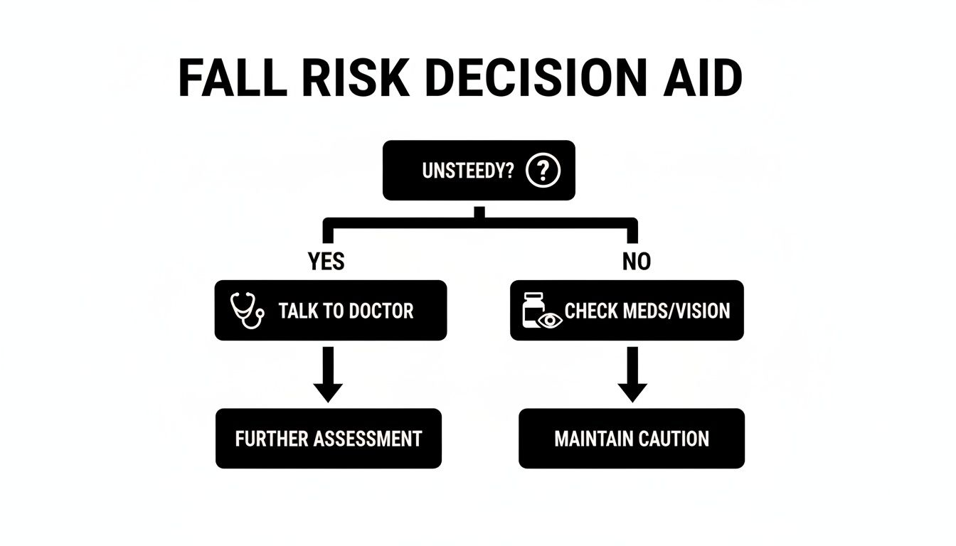 Decision aid flowchart for fall risk, guiding steps based on unsteadiness, medications, and vision.