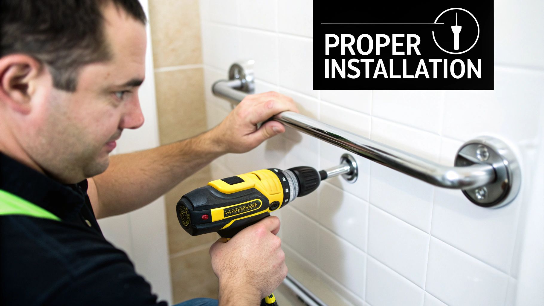 A man installing a chrome grab bar onto a white tiled wall using a power drill.