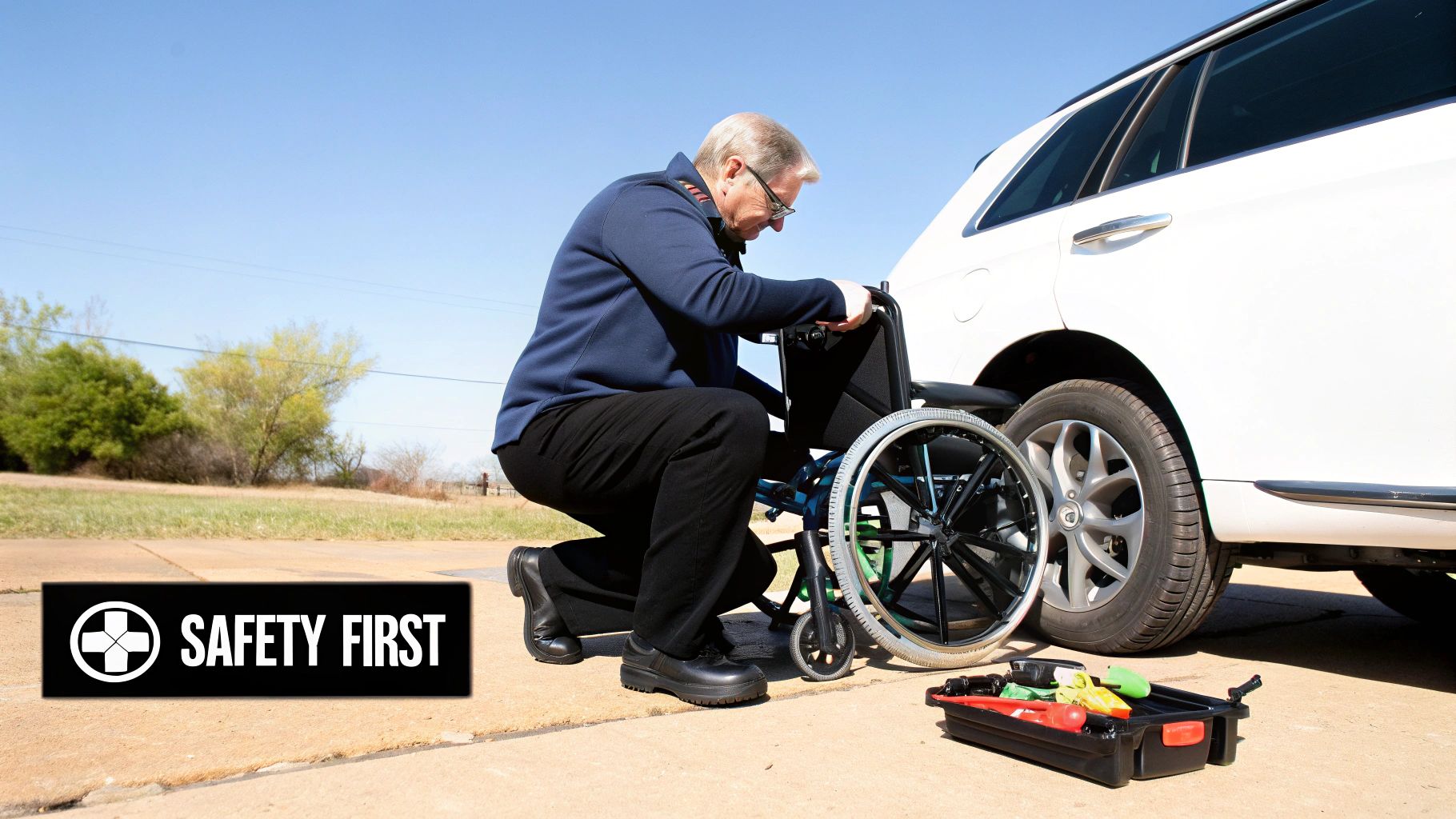 Man adjusting a blue wheelchair next to a white car with tools, 'Safety First' banner.