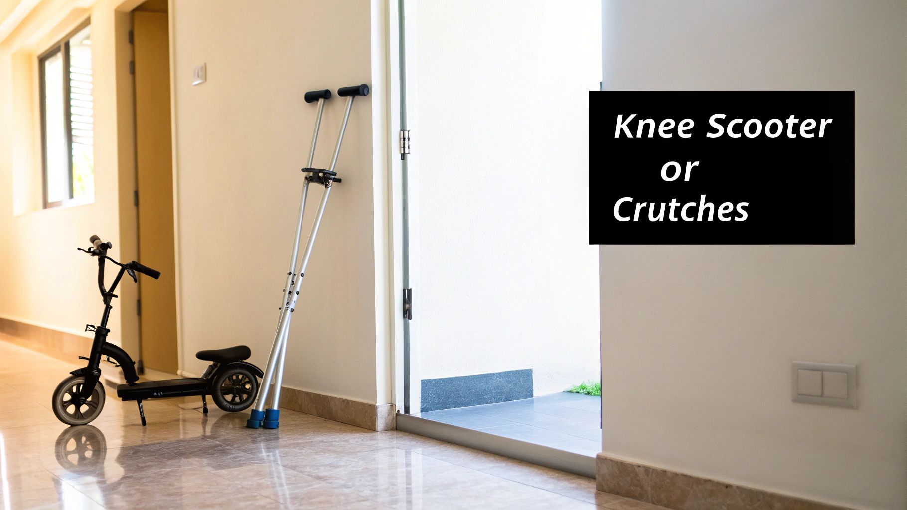 A black knee scooter and a pair of crutches lean against a beige wall indoors.