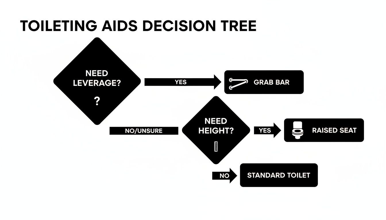 Decision tree guiding choices for toileting aids: grab bar, raised seat, or standard toilet based on user needs.