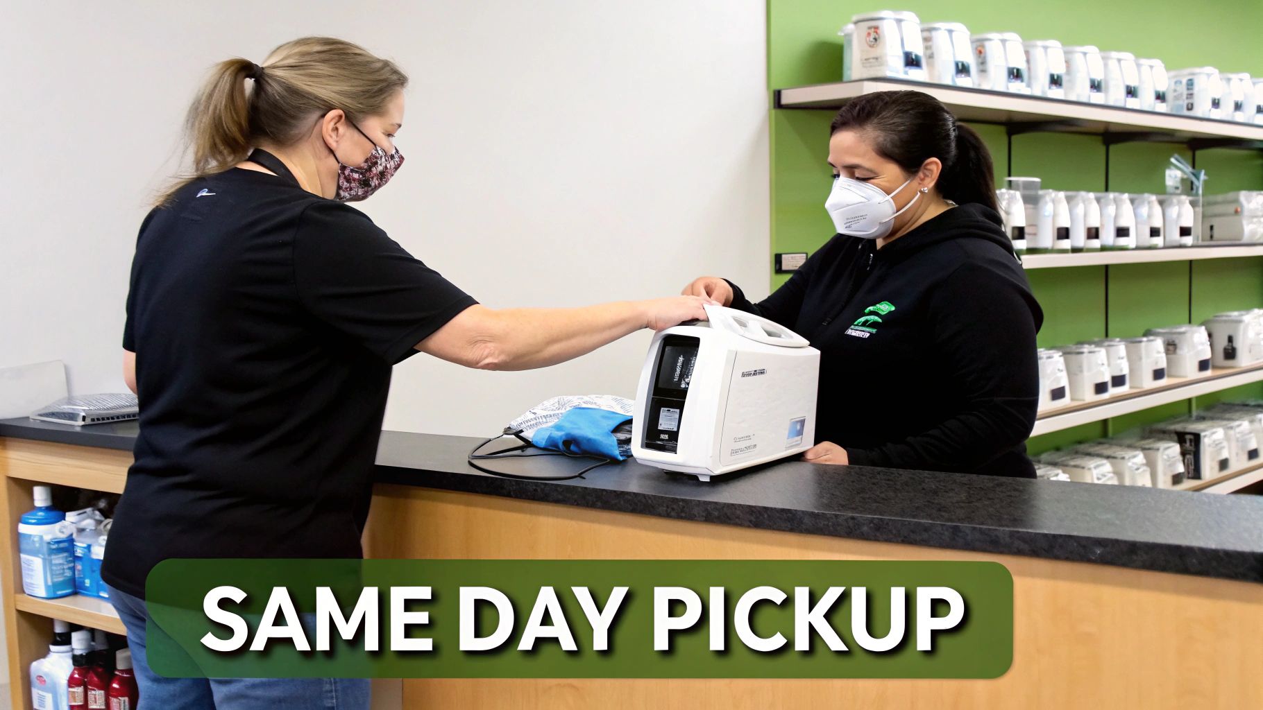 Two masked women at a counter handling a white respiratory device for same-day pickup.
