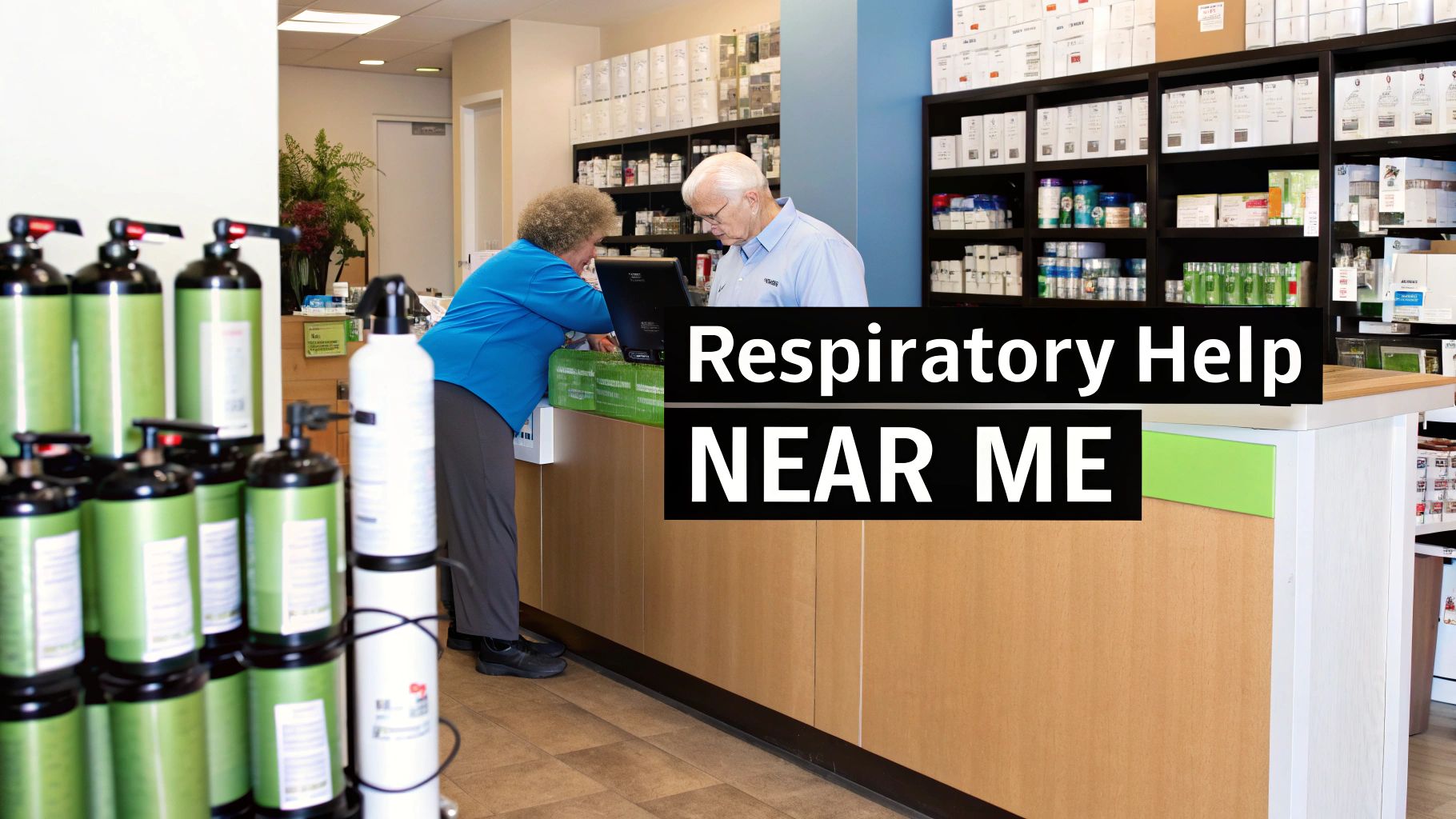 Two people at a counter in a medical supply store surrounded by respiratory equipment.