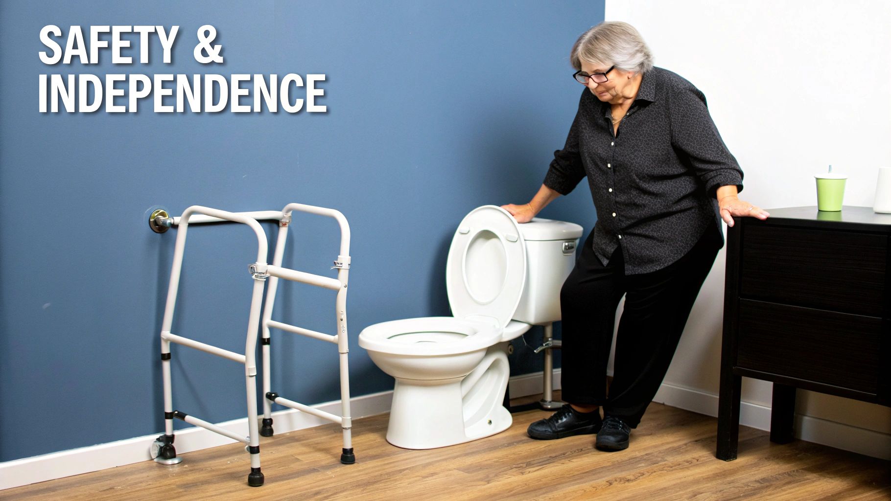 An elderly woman uses a toilet with a walker nearby, promoting safety and independence.