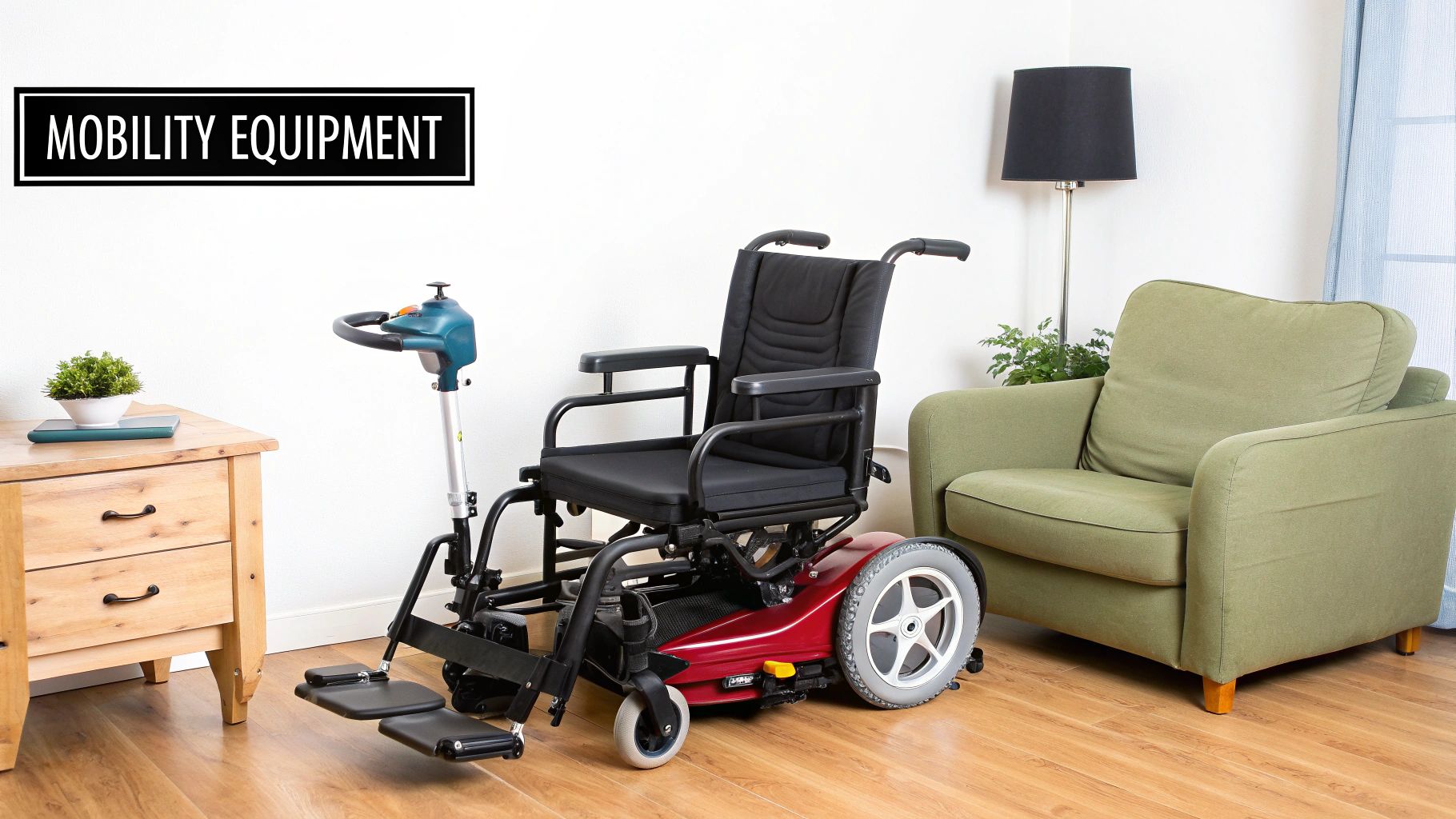 A modern powered mobility wheelchair in a home setting, next to a green armchair and side table.