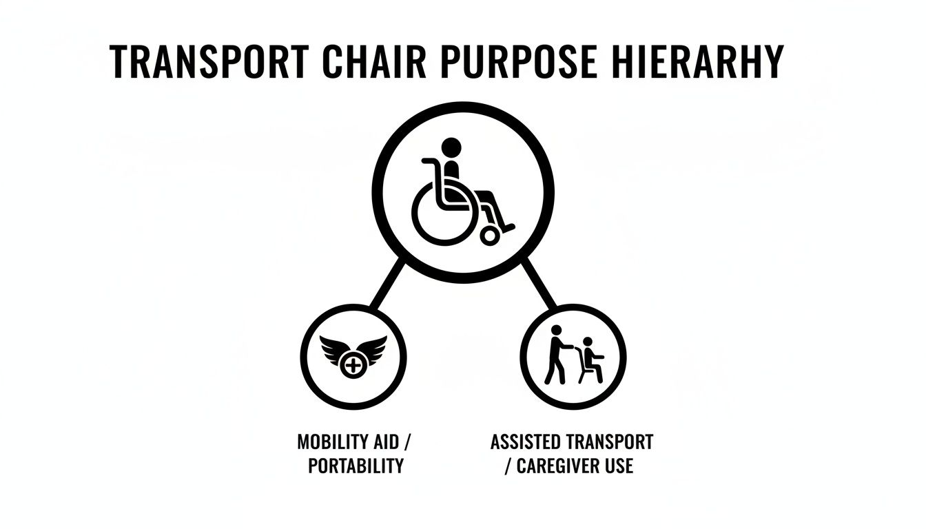 Diagram showing the transport chair purpose hierarchy: a wheelchair symbol branches into mobility aid/portability and assisted transport/caregiver use.