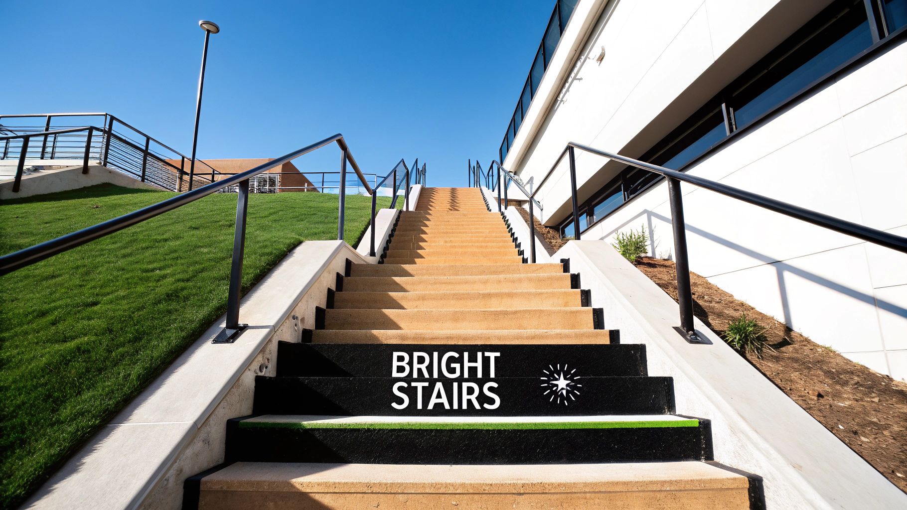 Outdoor concrete staircase with black railings, green grass, a white building, and 'BRIGHT STAIRS' text on steps.