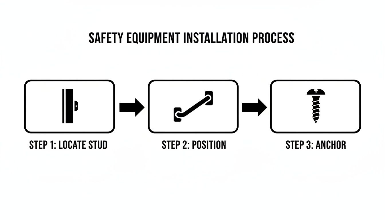 Diagram outlining a three-step process for installing safety equipment: locate stud, position, and anchor.