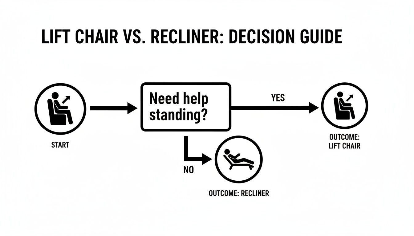Decision guide flowchart comparing lift chairs vs. recliners, asking if help is needed standing.
