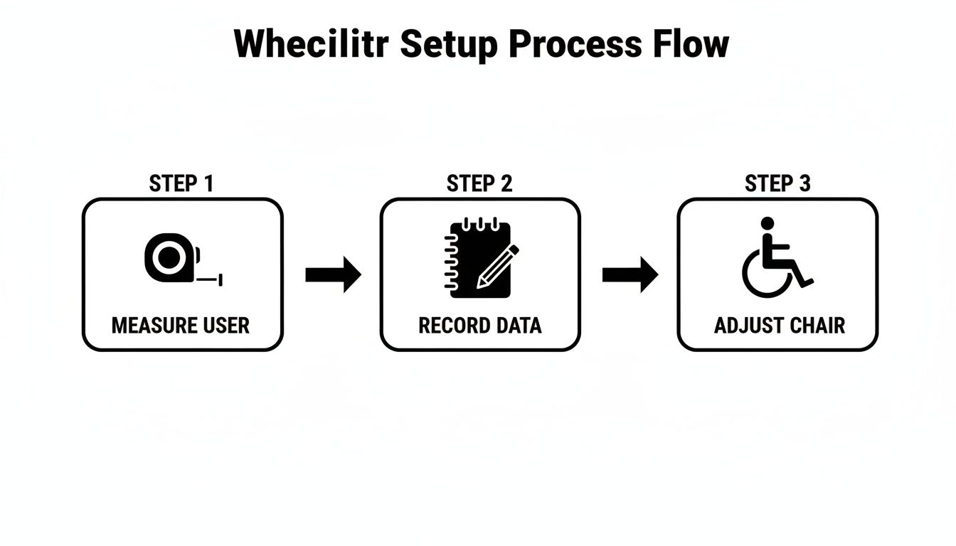 A three-step process flow for wheelchair setup: measure user, record data, and adjust chair.