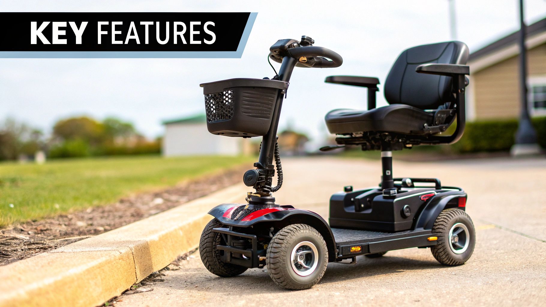 A black mobility scooter with a front basket and comfortable seat parked outdoors on a paved path.