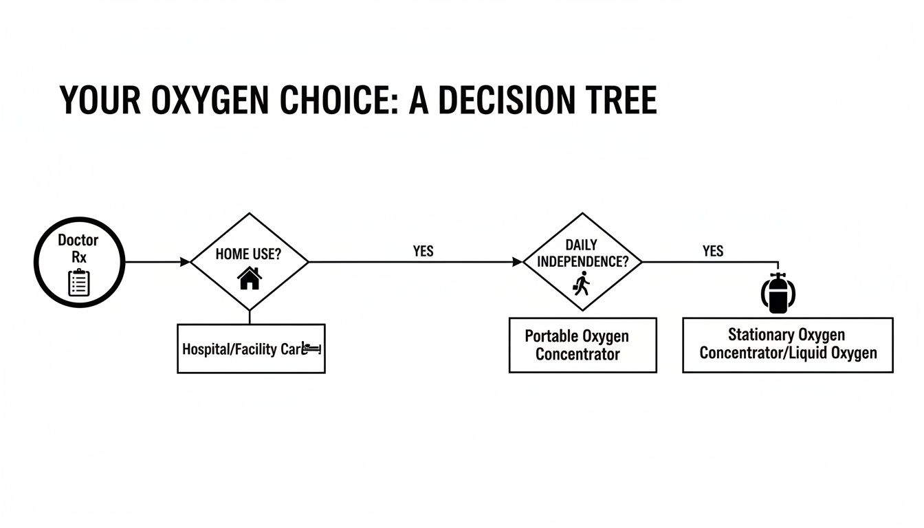 A decision tree illustrating choices for oxygen therapy based on doctor's prescription, home use, and daily independence.