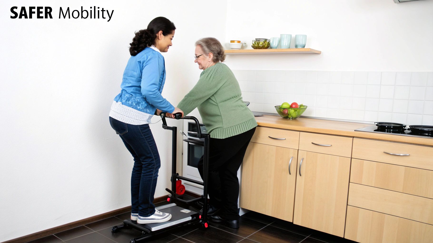 A young woman assists an older woman using a sit-to-stand device in a bright kitchen.