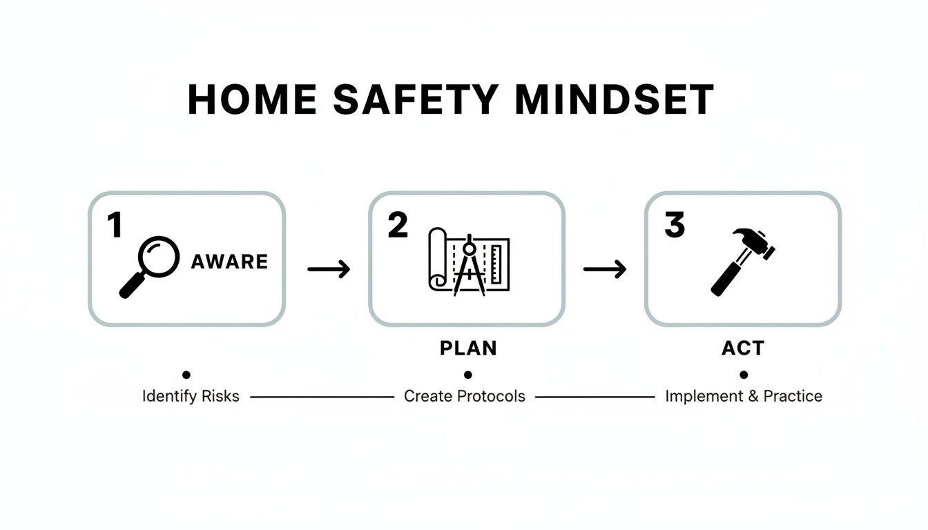 A flowchart outlining the Home Safety Mindset, showing steps: Aware, Plan, and Act for safety.